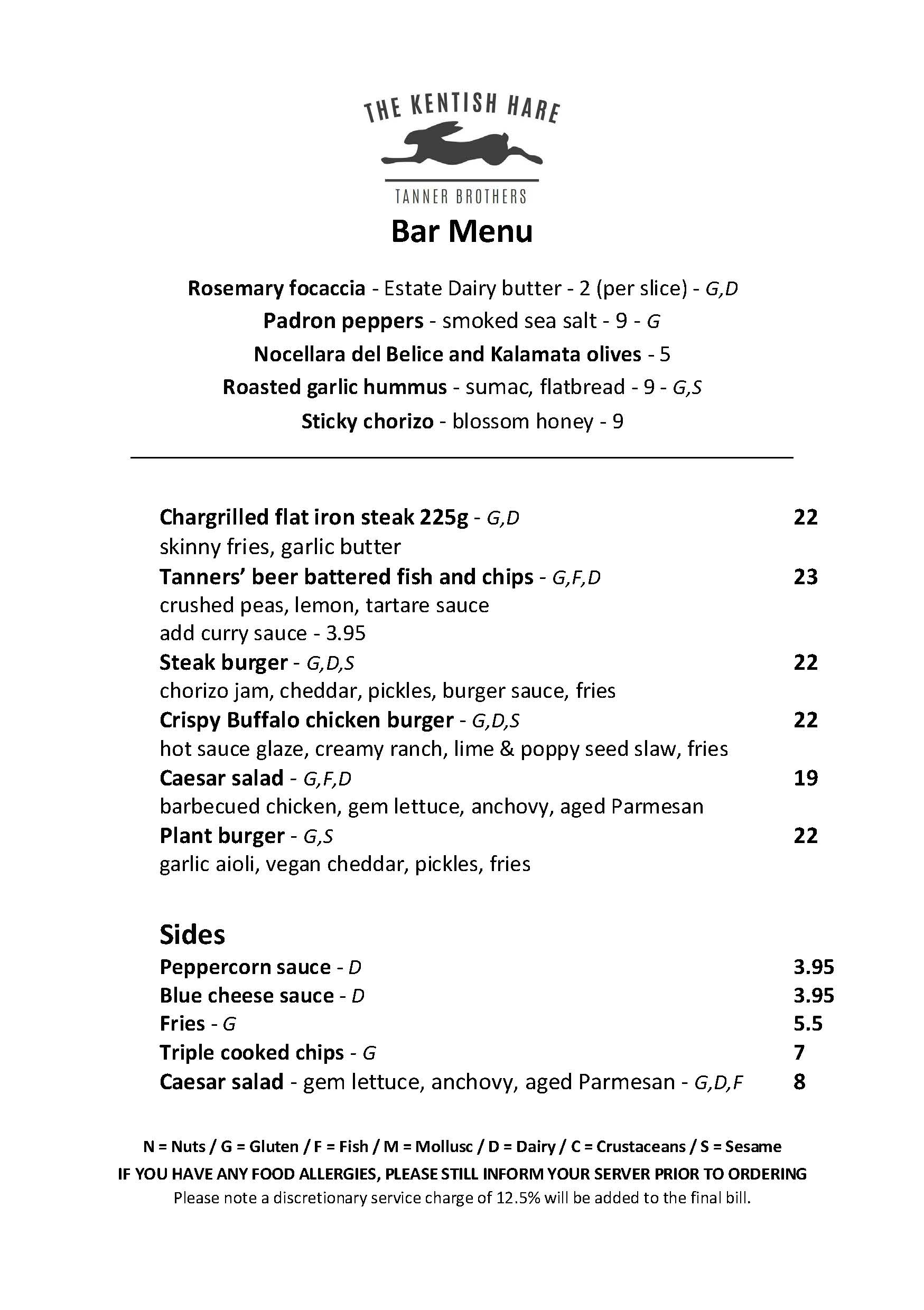 Bar menu 11th Sept 2026