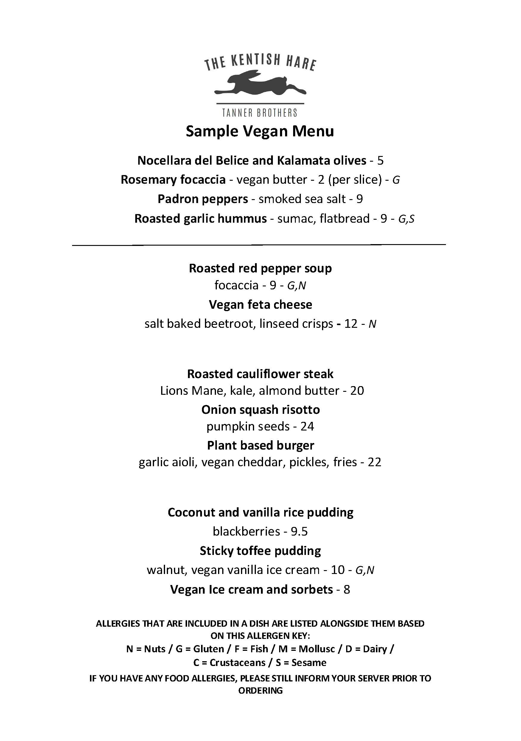Sample Vegan menu